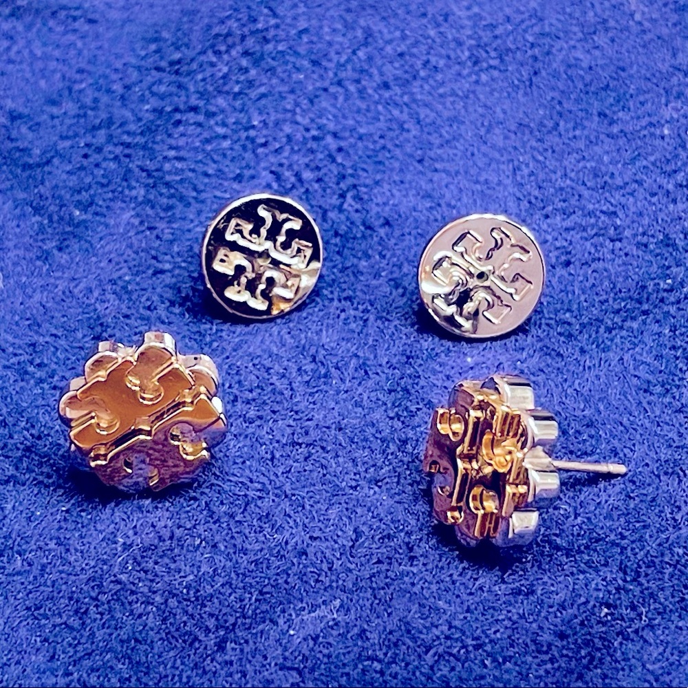 Tory Burch two-tone signature “T” flower studs